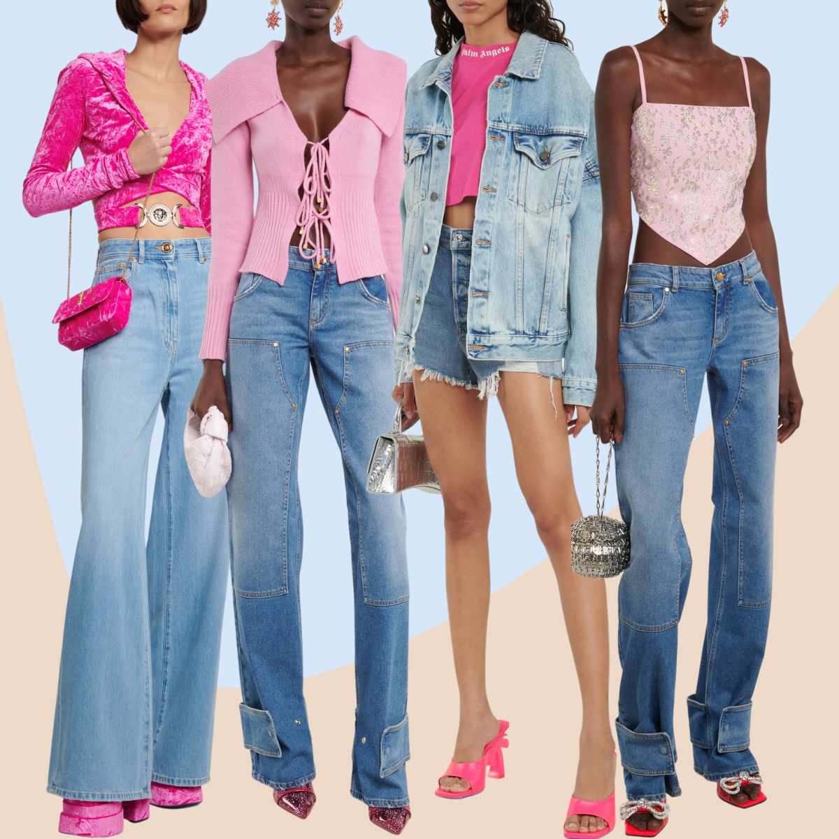 Collage of 5 women wearing Barbie core fashion shoes with denim outfits.