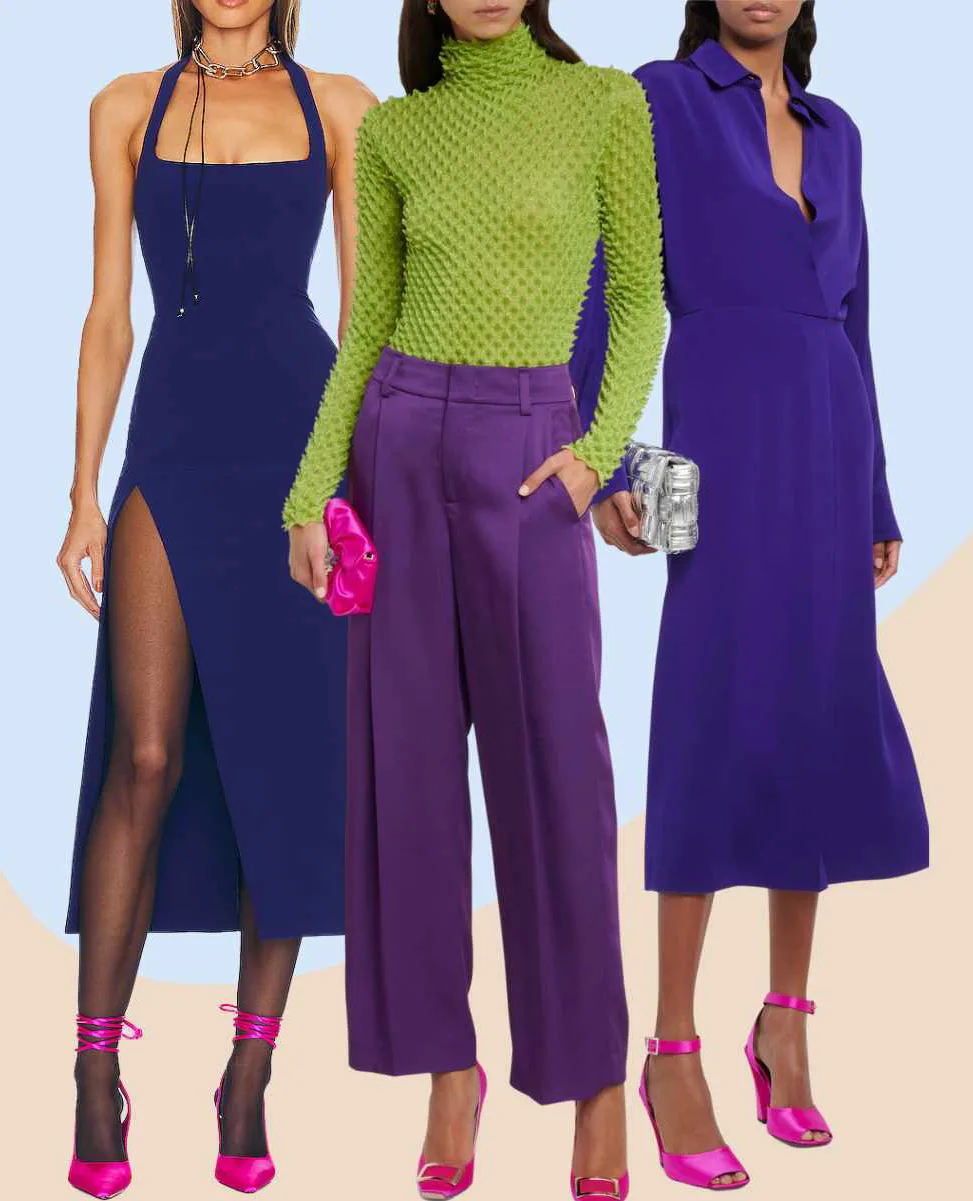 Collage of 5 women wearing Barbie core fashion shoes with purple and blue outfits.