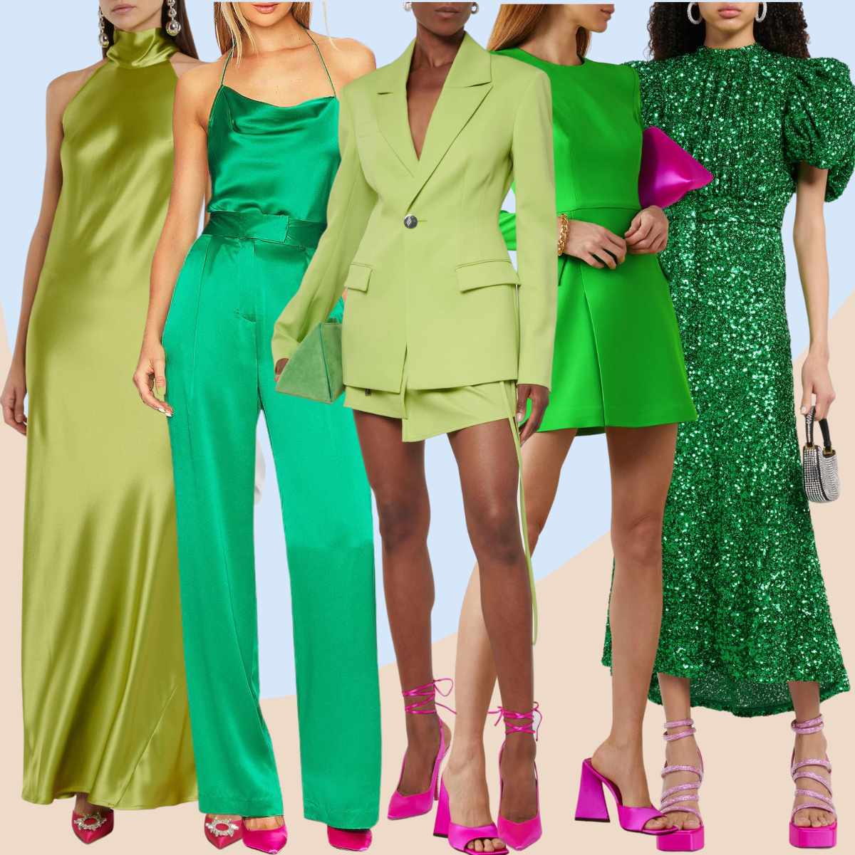 Collage of 5 women wearing Barbie core fashion shoes with green outfits.