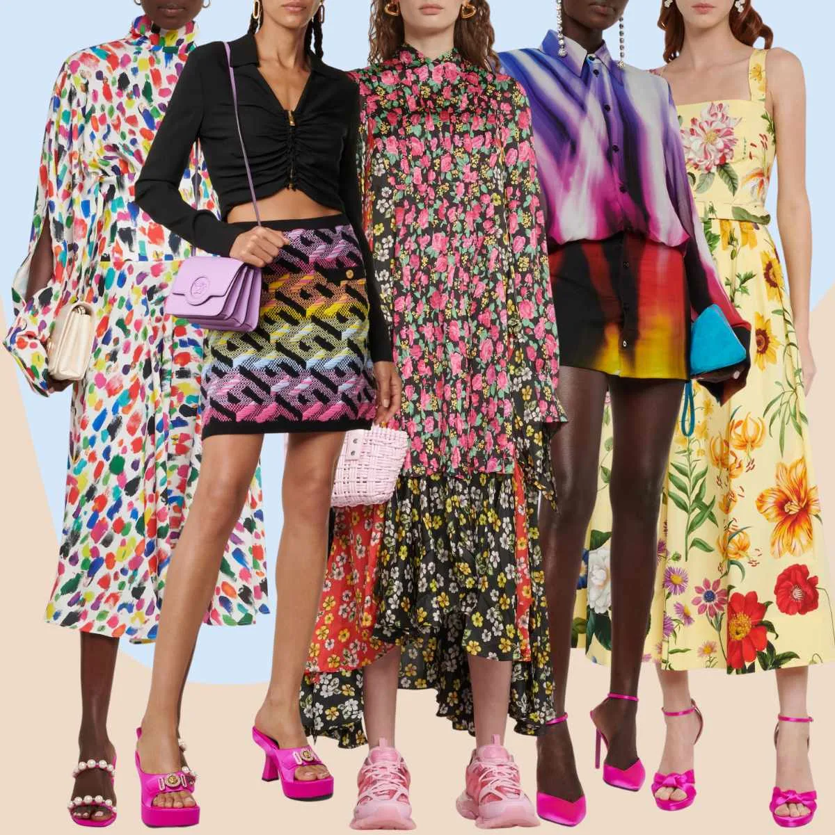 Collage of 5 women wearing Barbie core fashion shoes with colorful pattern outfits.