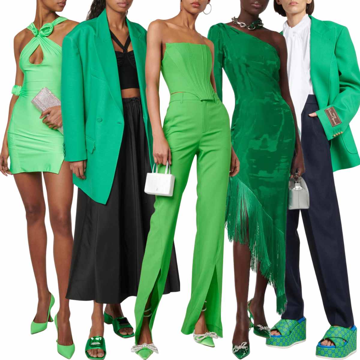 Collage of 5 women wearing different all green shoes outfits with contrast green clothing.