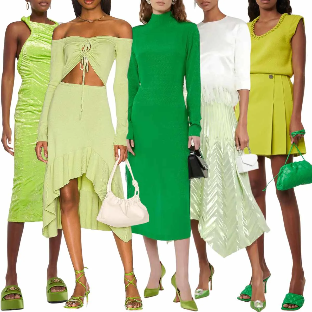 Collage of 5 women wearing different all green shoes outfits with