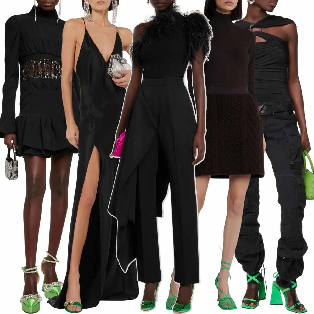 Collage of 5 women wearing different green shoes outfits with black clothing.