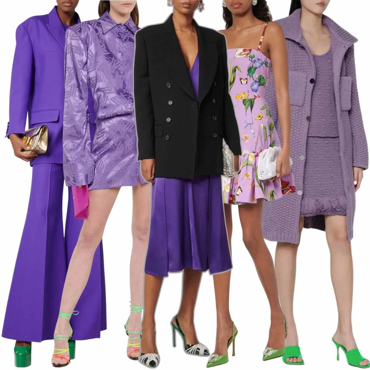 Collage of 5 women wearing different green shoes outfits with purple clothing.