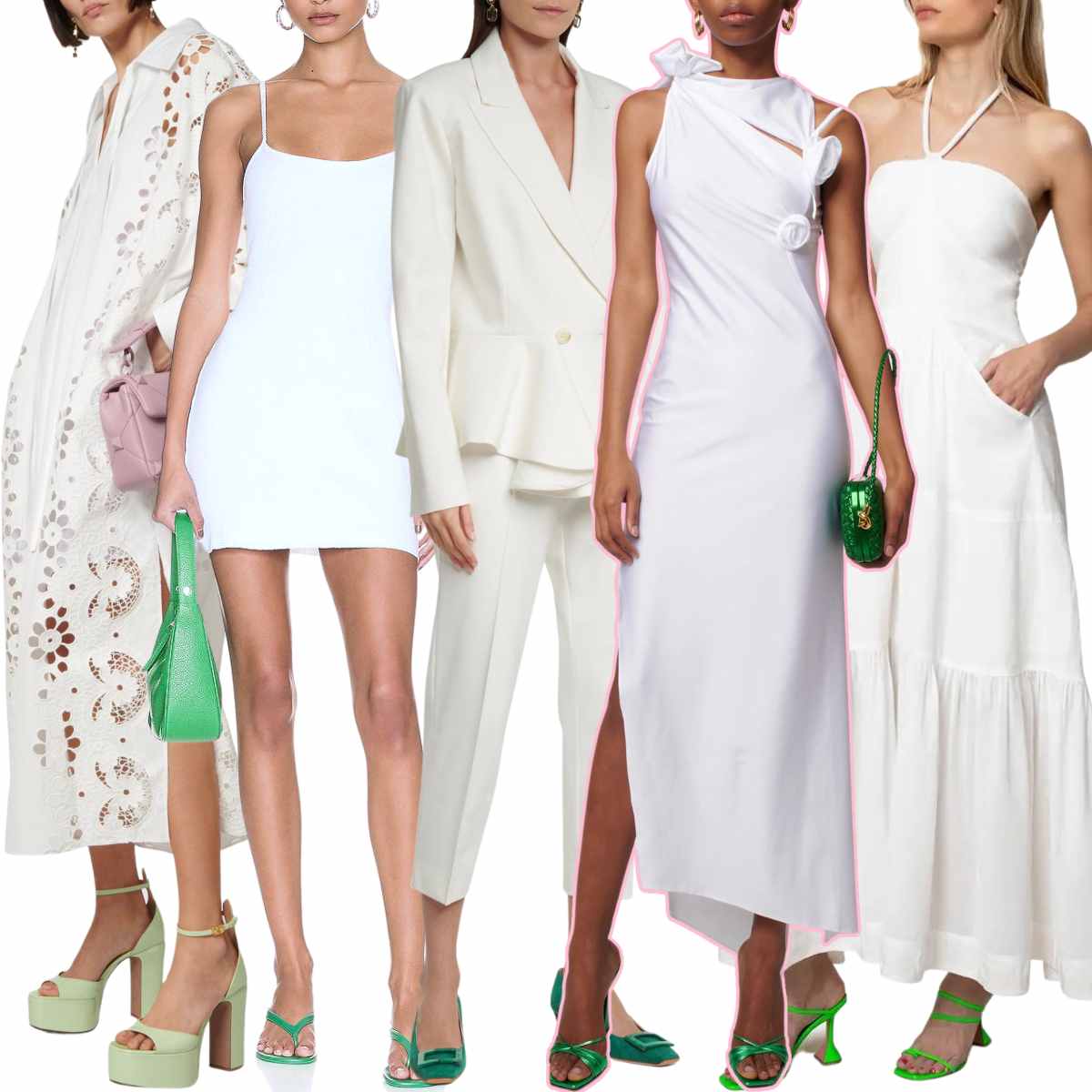 Collage of 5 women wearing different green shoes outfits with white clothing.