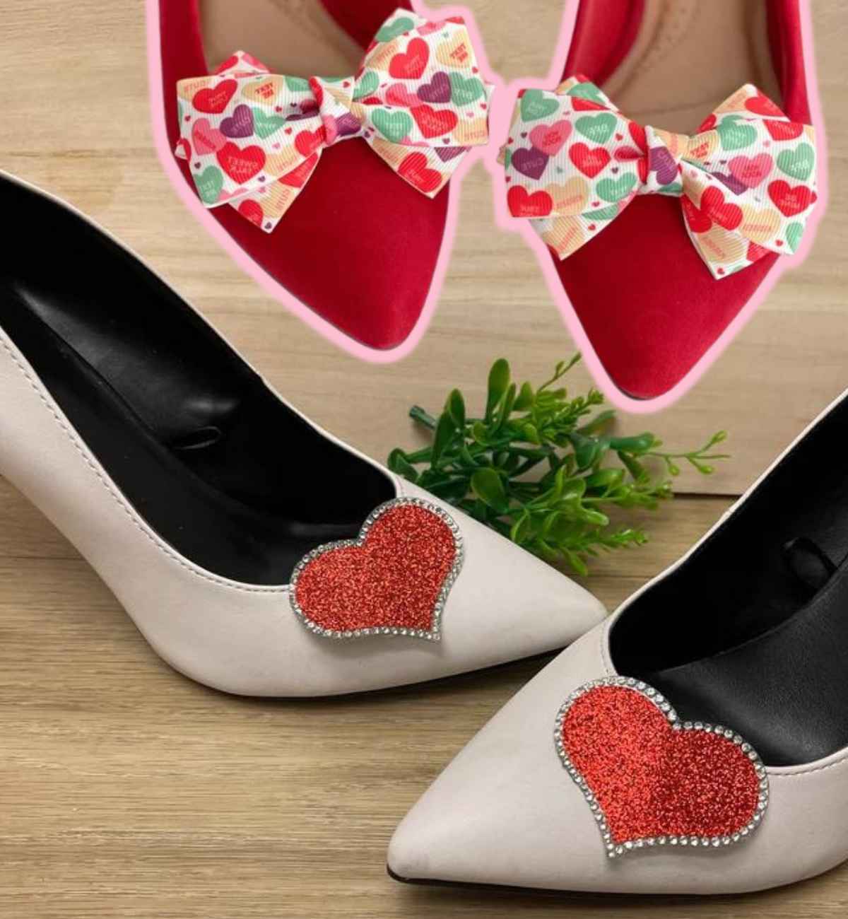 collage of two pairs of heart clips on red and white shoes.