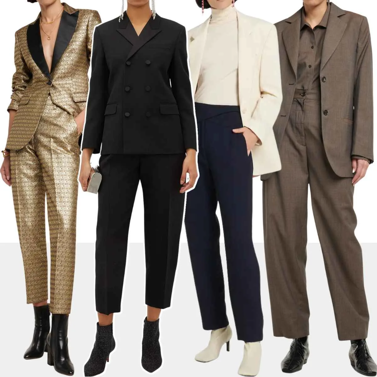 Collage of 5 women wearing various pantsuits with ankle boots.
