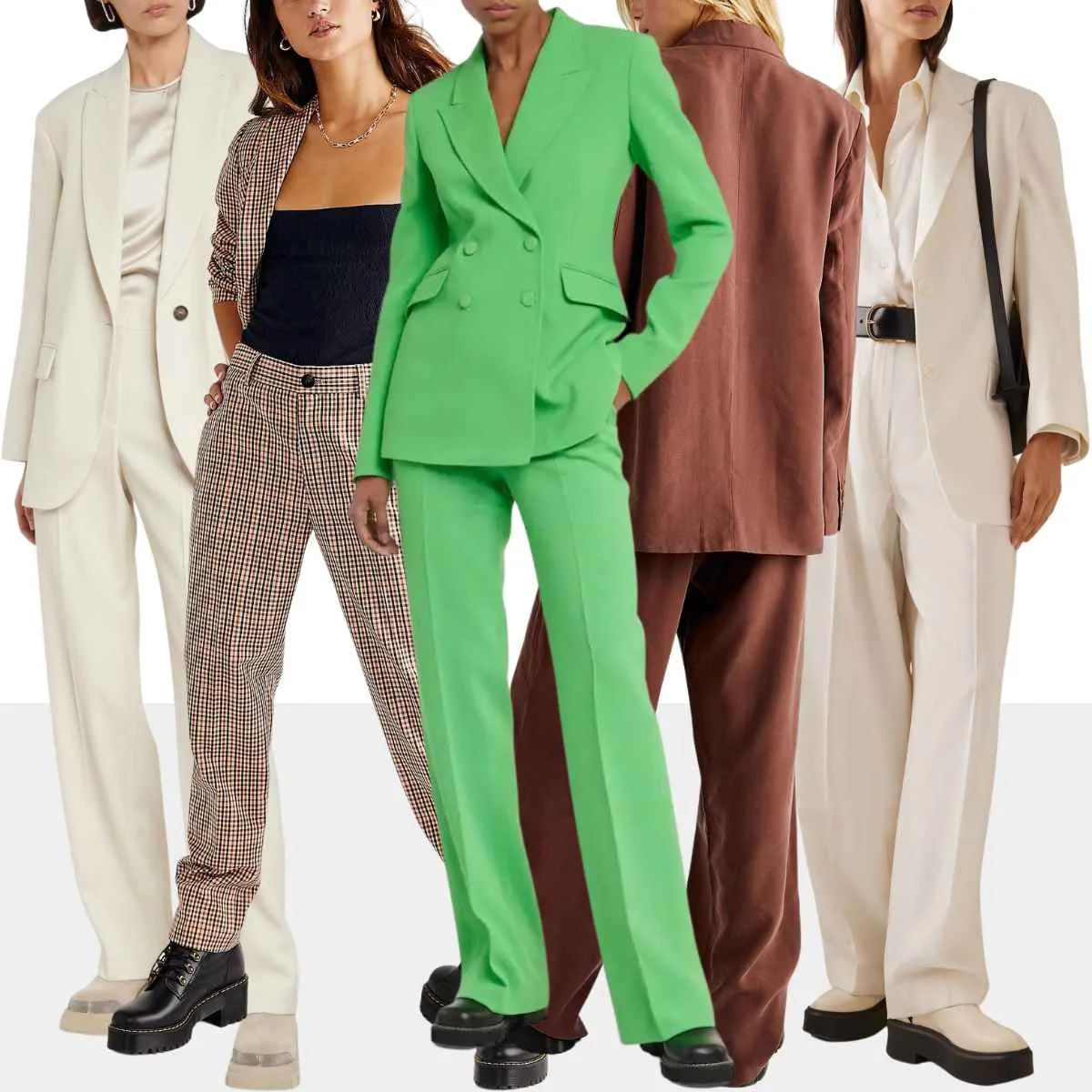 Collage of 5 women wearing various pantsuits with combat boots.