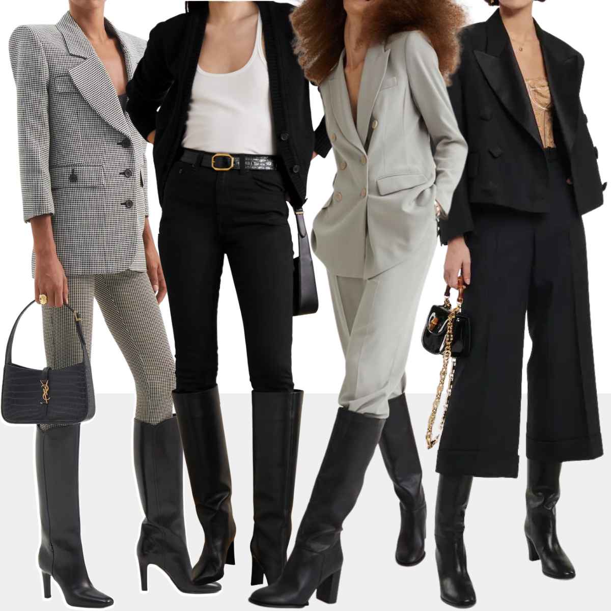 Collage of 5 women wearing various pantsuits with knee boots.