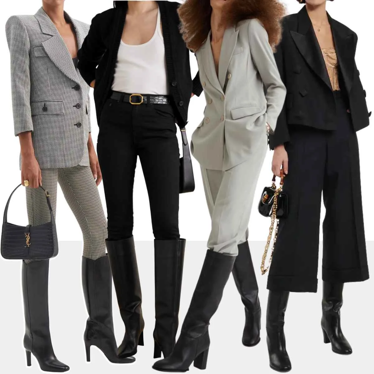 Collage of 5 women wearing various pantsuits with knee boots.