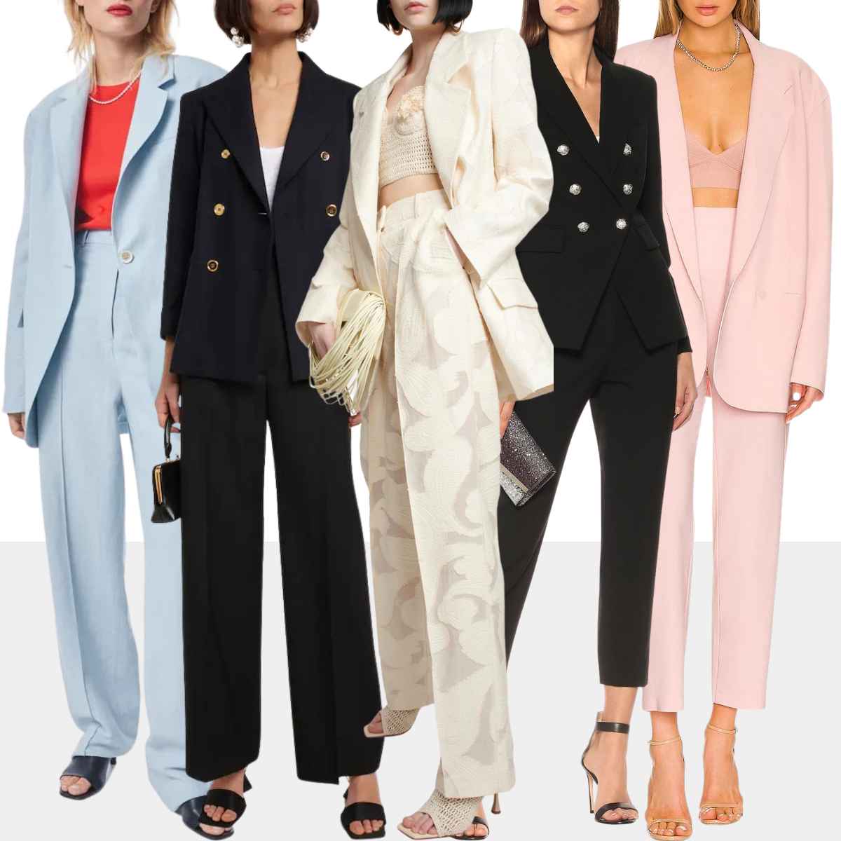 Collage of 5 women wearing various pantsuits with heeled sandals.