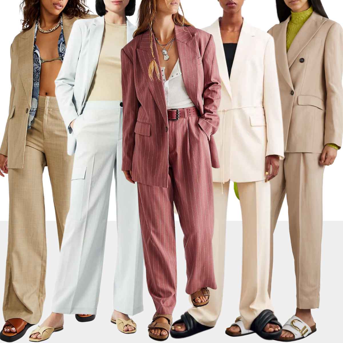 Collage of 5 women wearing various pantsuits with slide sandals.