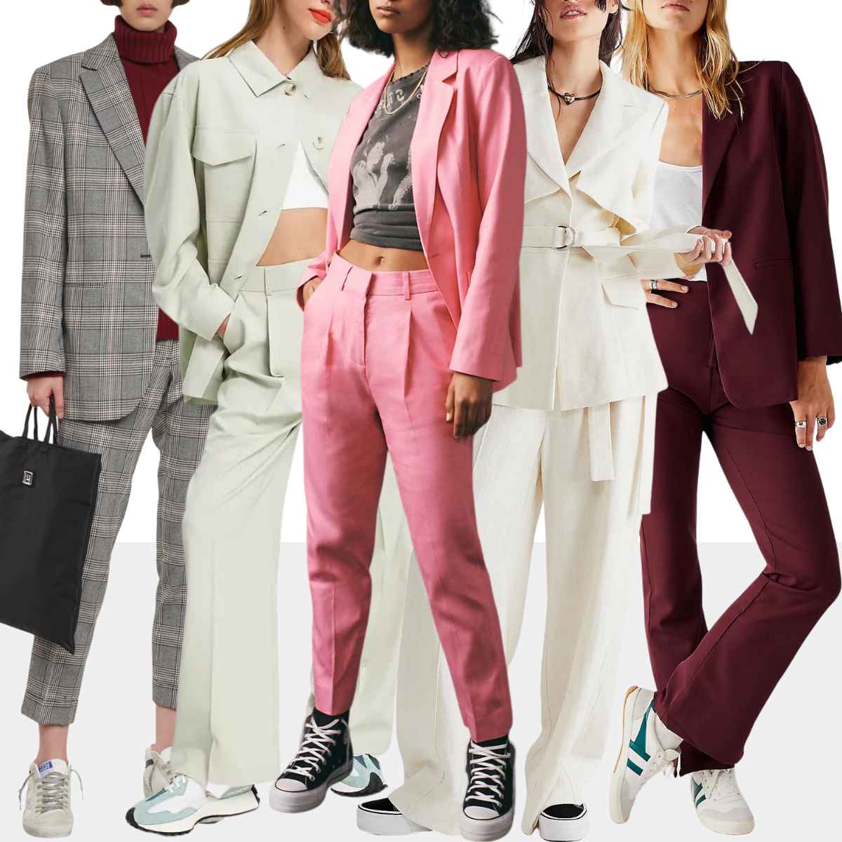 Collage of 5 women wearing various pantsuits with sneakers.