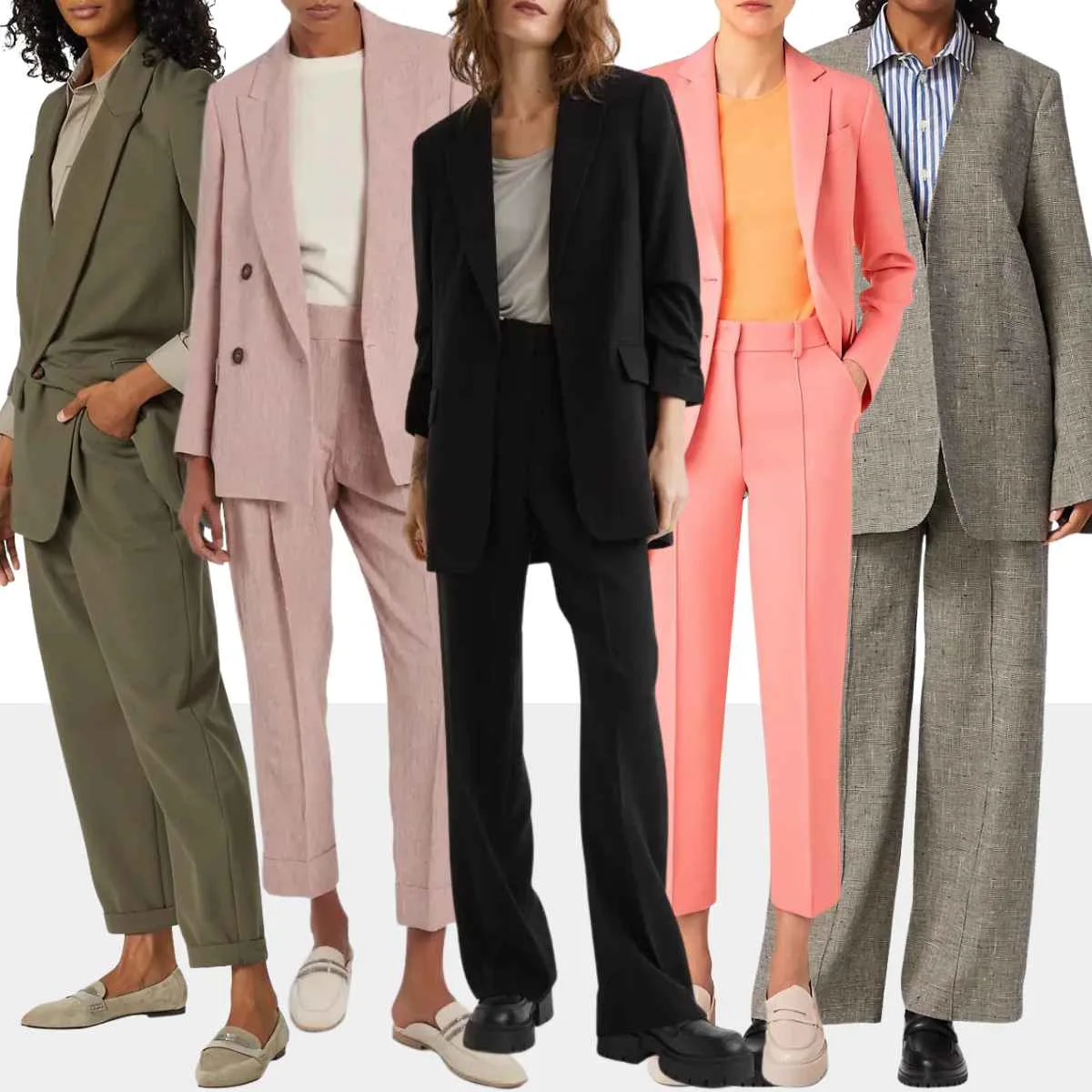 Collage of 5 women wearing various pantsuits with loafers.