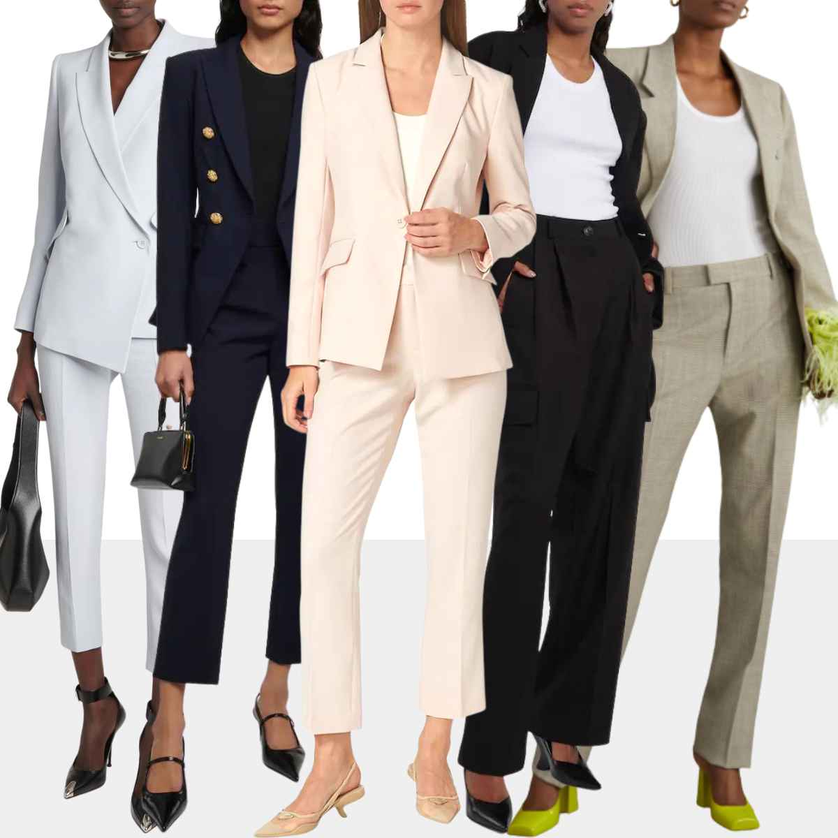 Collage of 5 women wearing various pantsuits with pumps.