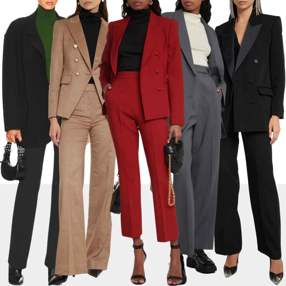 Collage of 5 women wearing various pantsuits with black shoes.