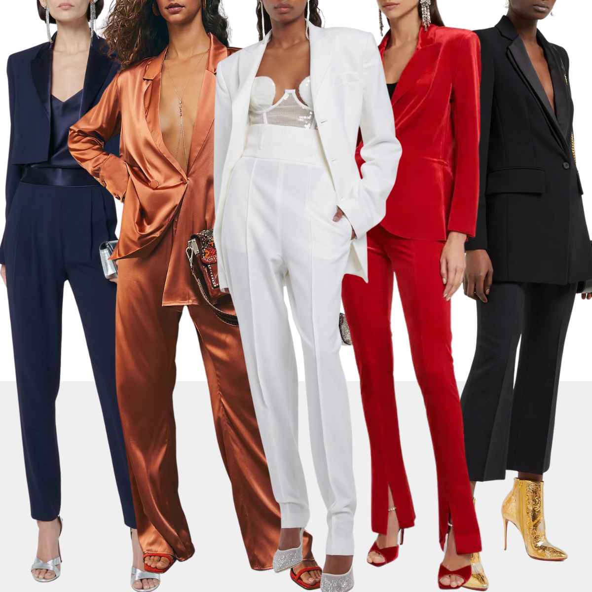 Collage of 5 women wearing various fancy pantsuits with heels.
