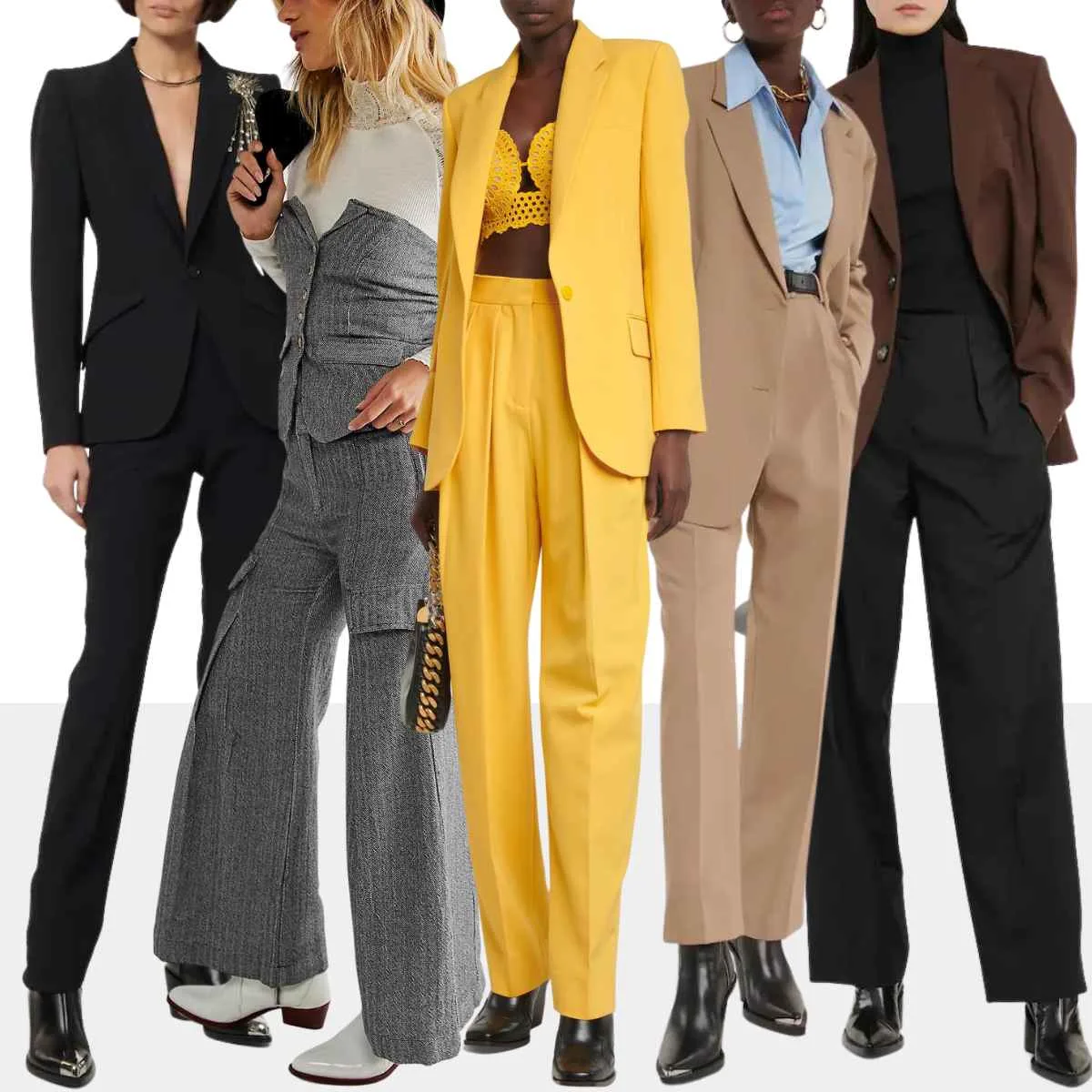 Collage of 5 women wearing various pantsuits with western boots.