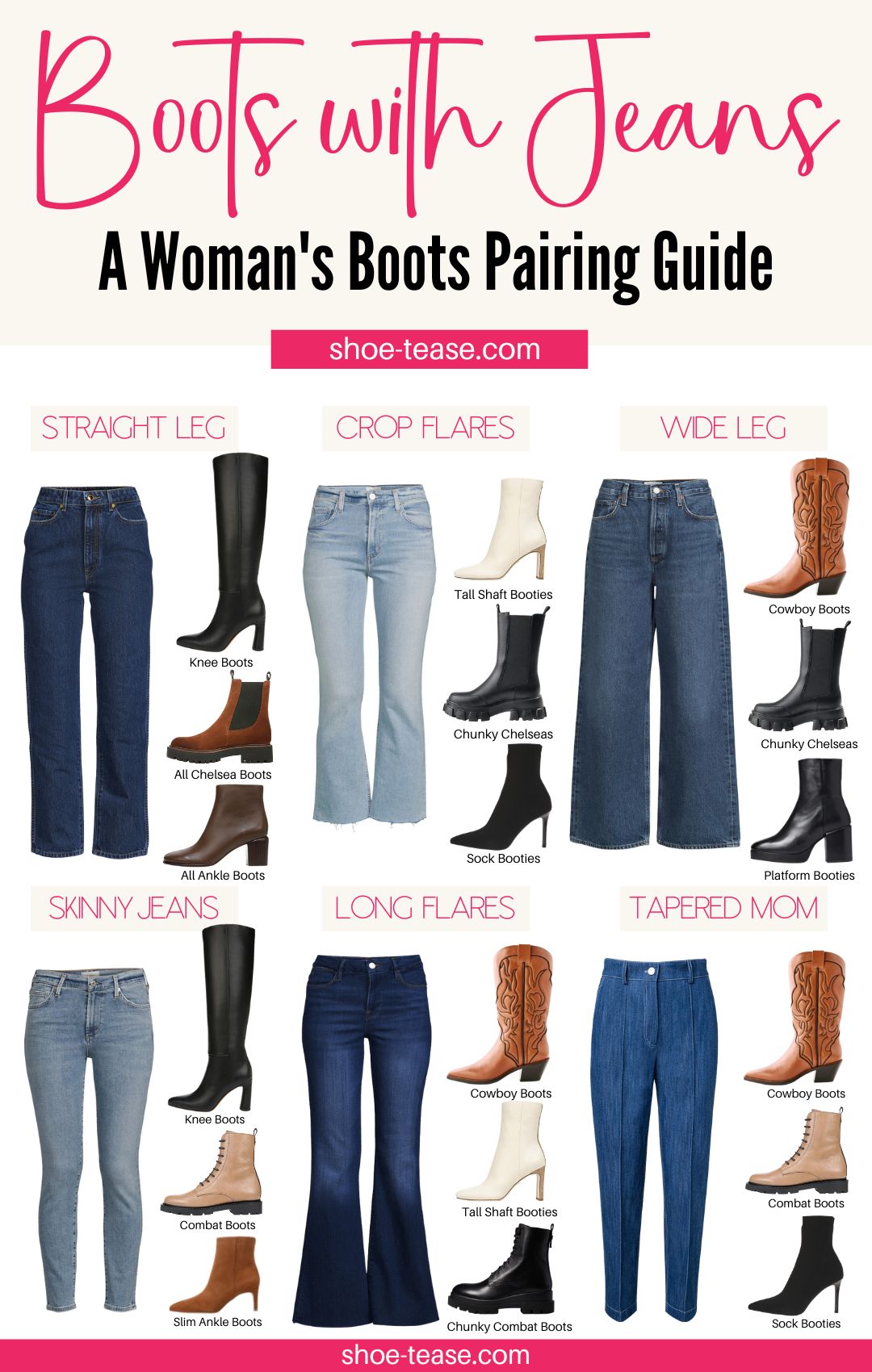 VIsual guide to boots with jeans with text reading boots with jeans a women's boots pairing guide.