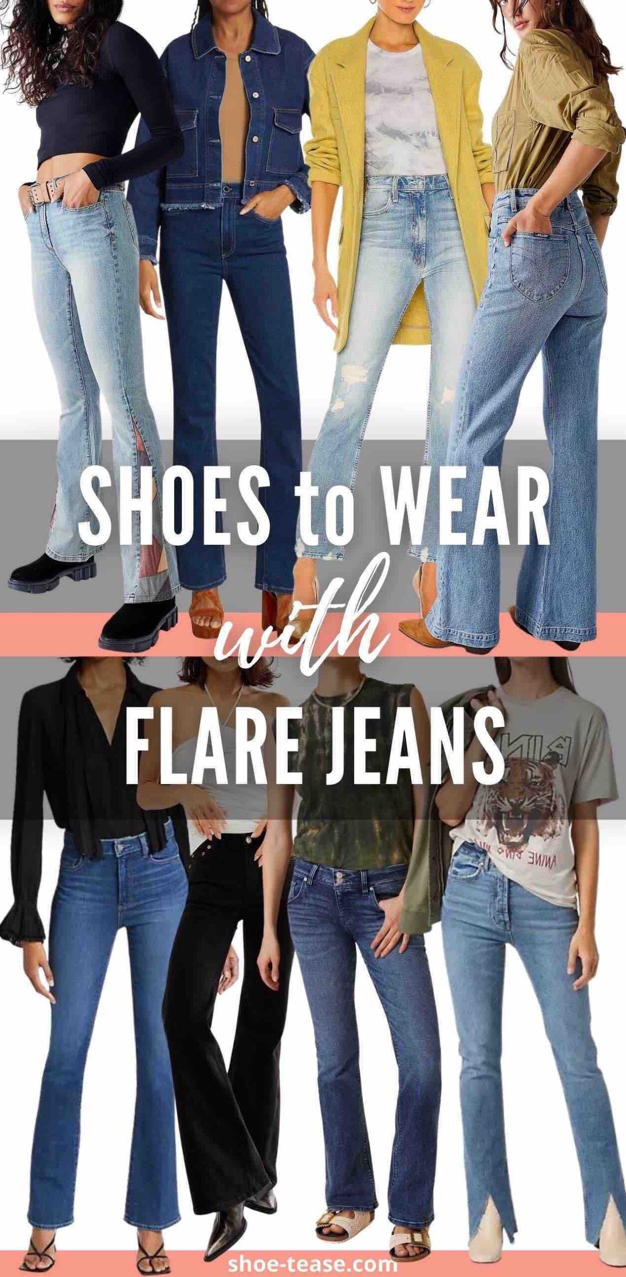 Collage of 8 woman wearing flare jeans with different shoes with text reading shoes to wear with flare jeans.