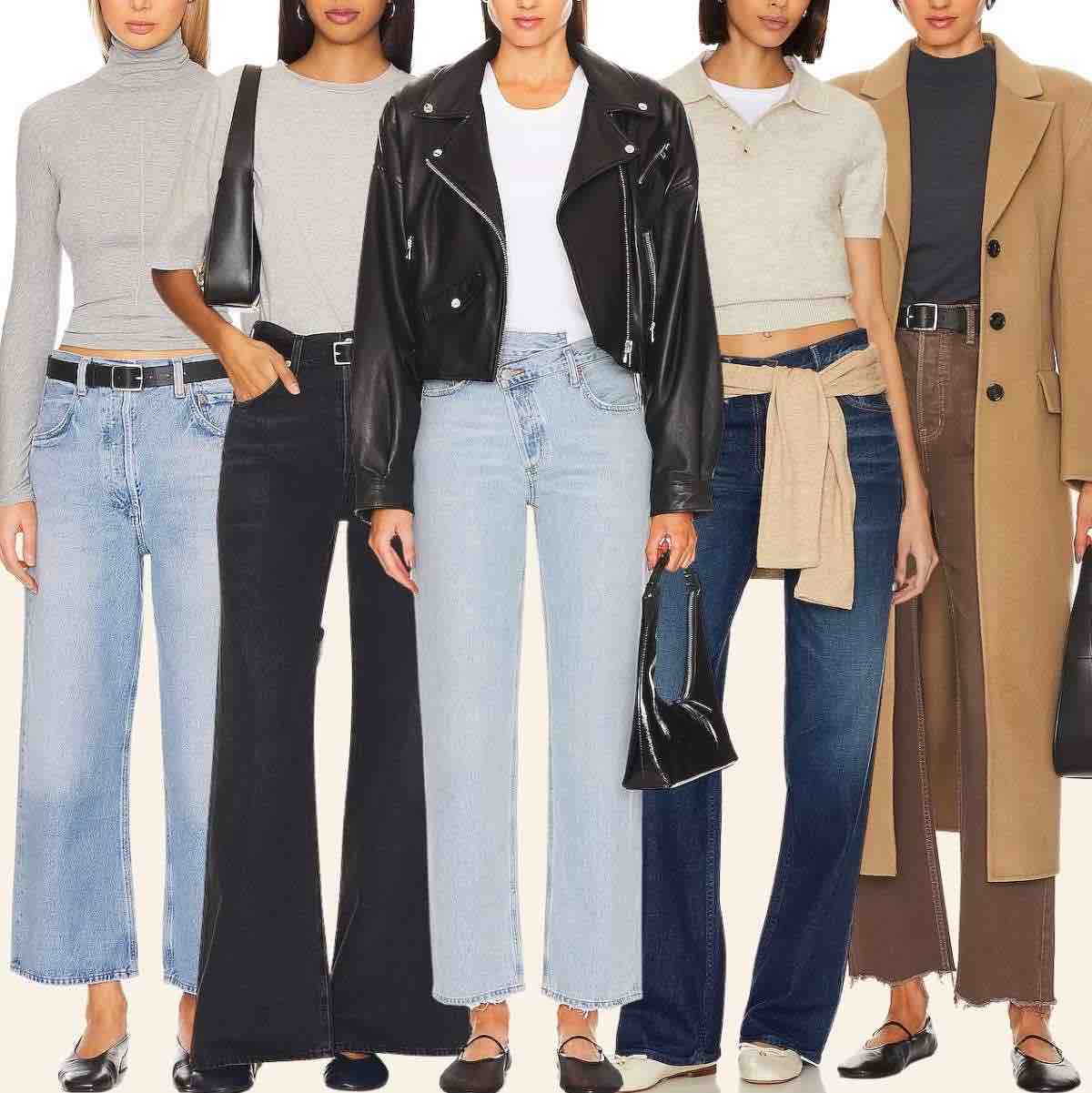 Collage of 4 women wearing different wide leg jeans with ballerina flats.