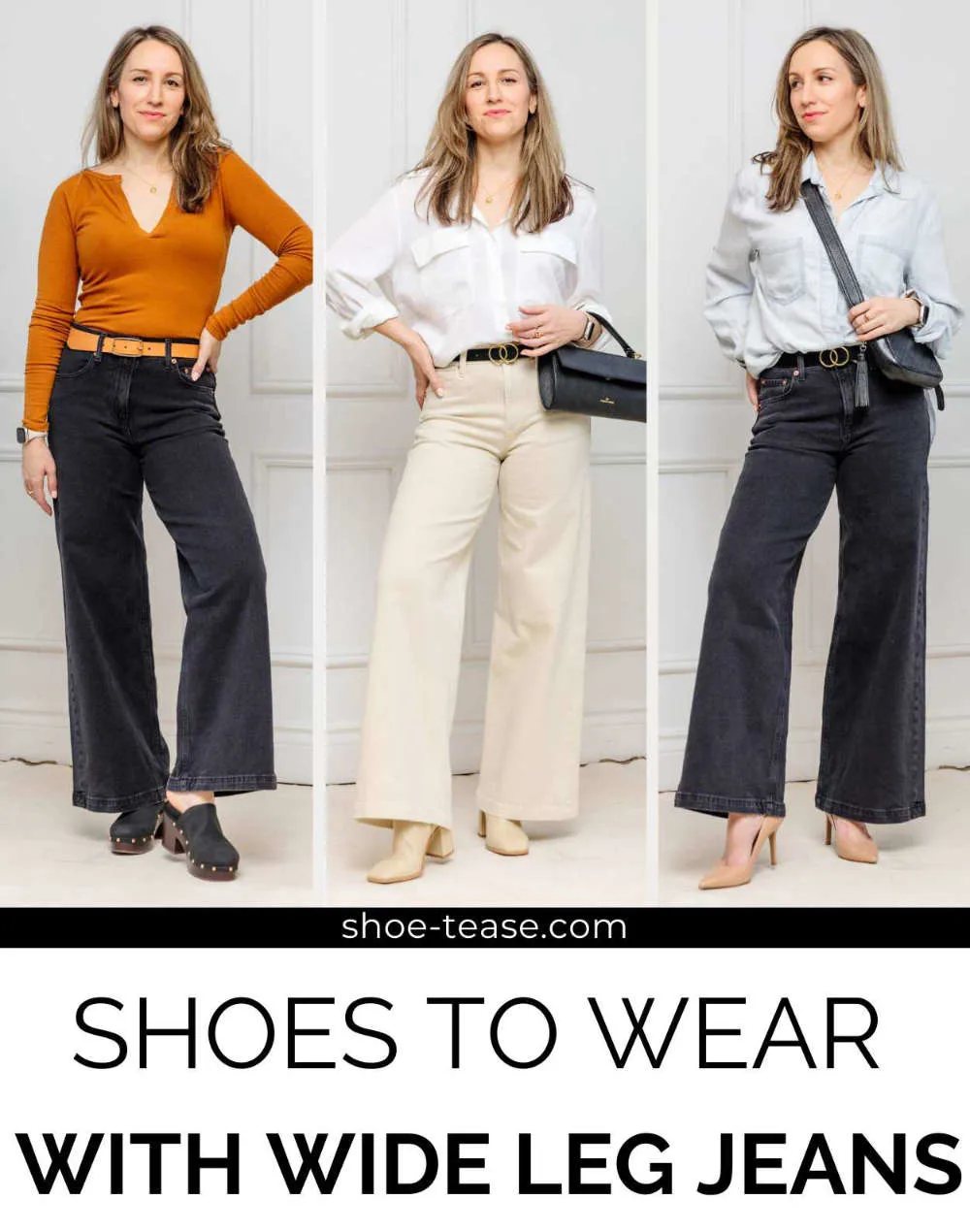 Collage of women wearing different shoes with wide leg jeans outfits.