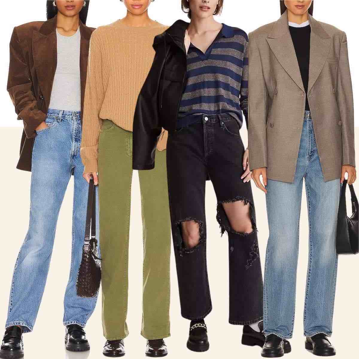 Collage of 4 women wearing different wide leg jeans with loafers.