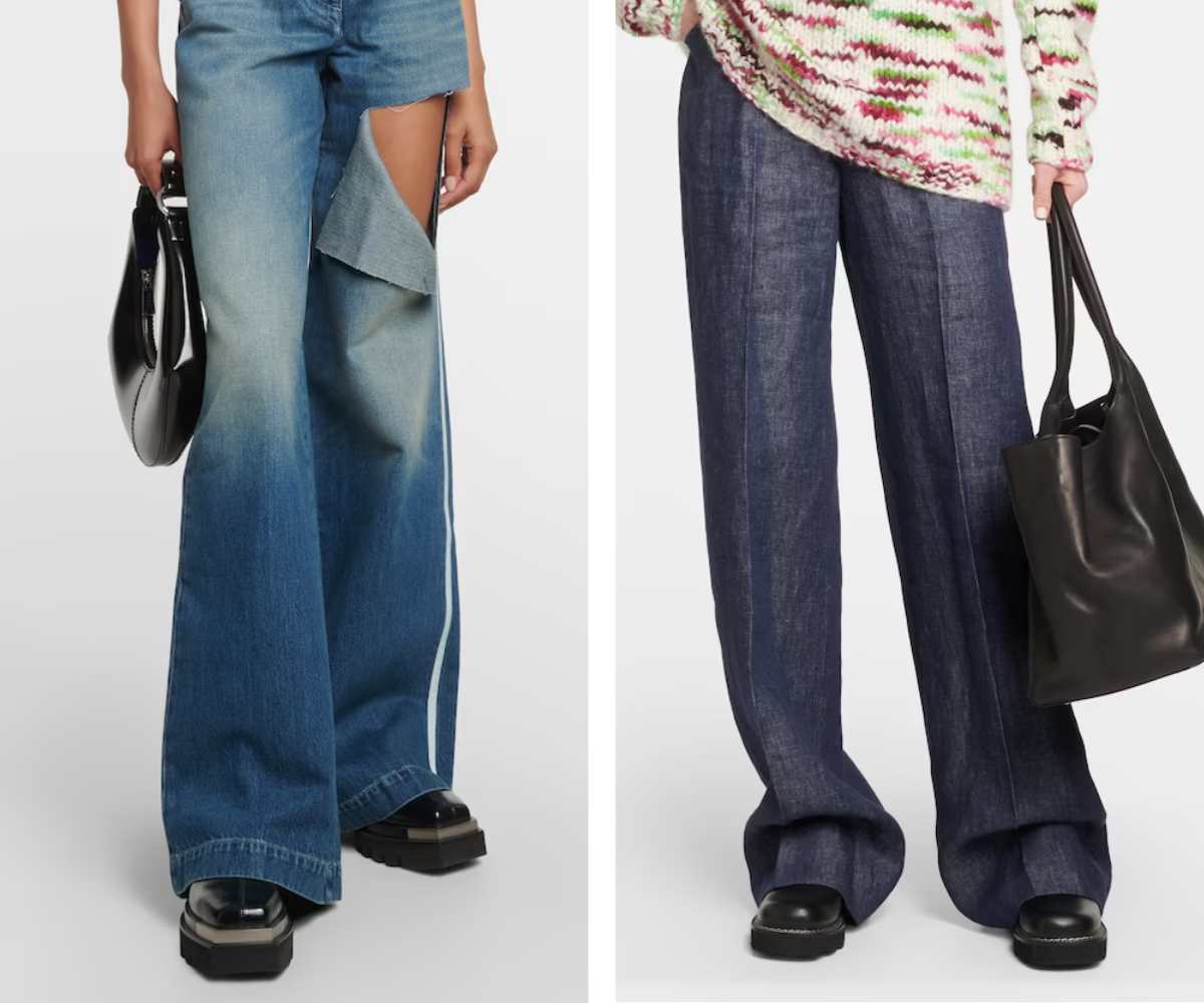 Collage of cropped view of 2 women wearing long wide leg jeans with platform ankle boots.