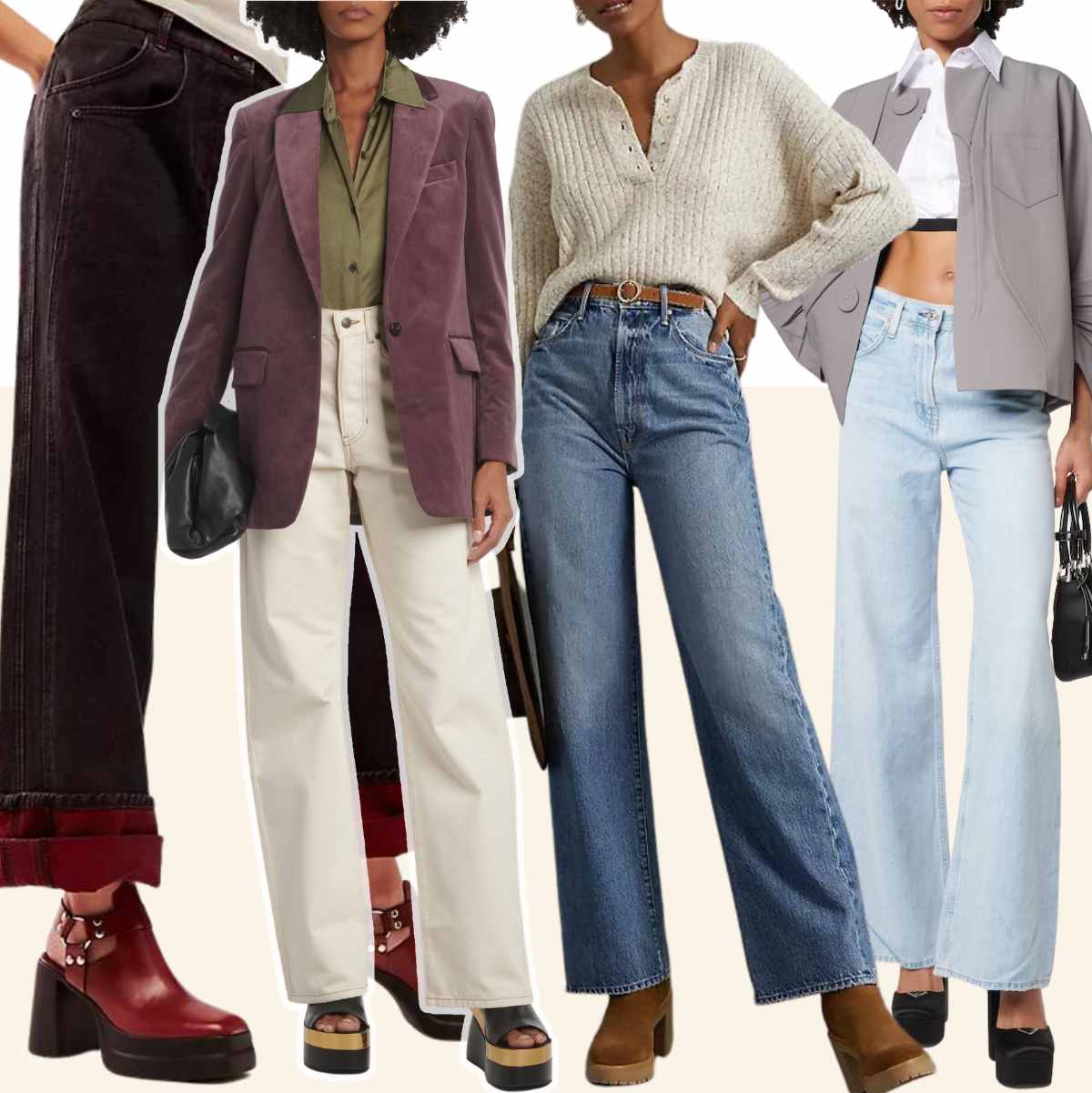 Collage of 4 women wearing different Platform shoes with wide leg jeans.