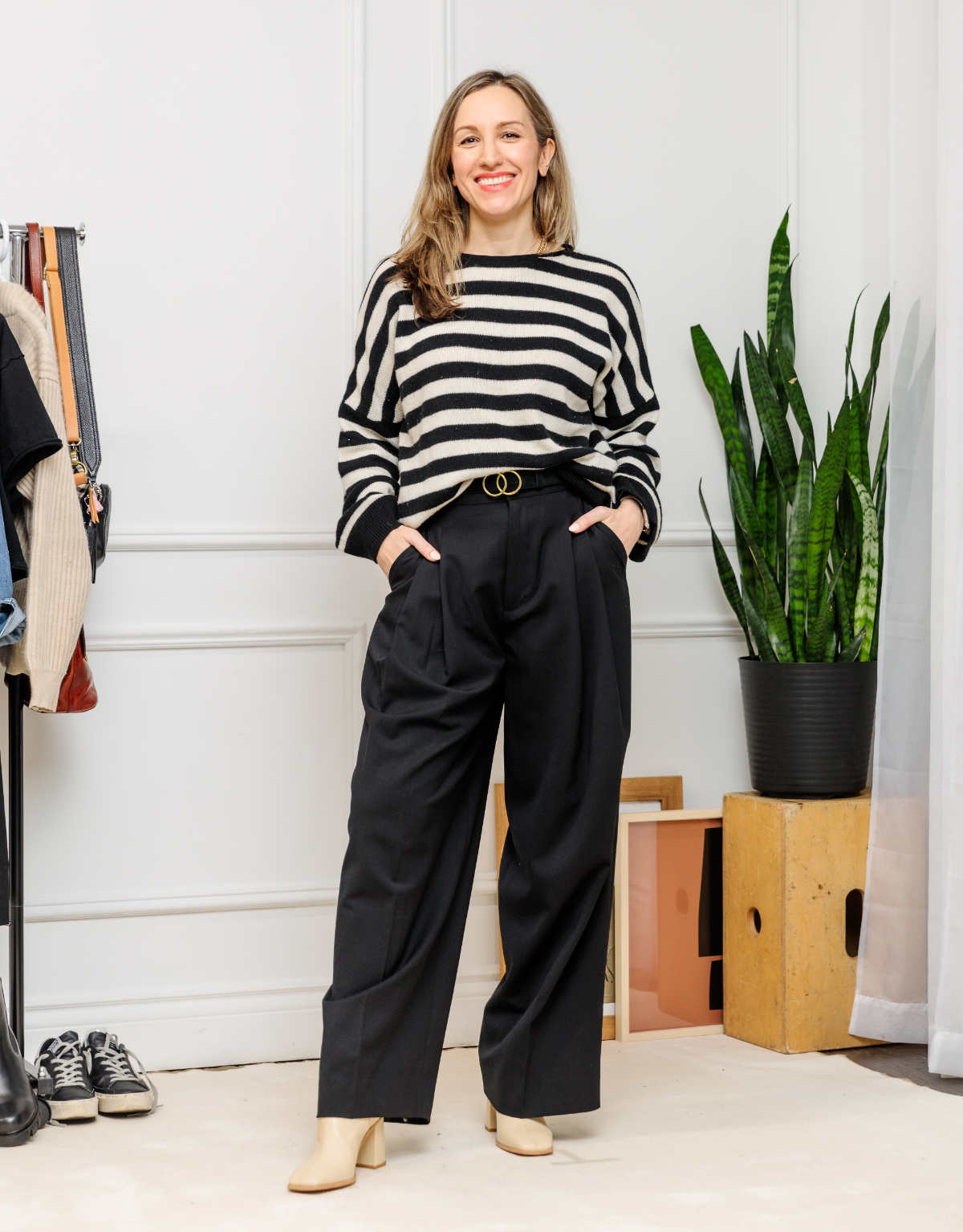 Woman wearing chunky Chelsea boots with square toe ankle boots.