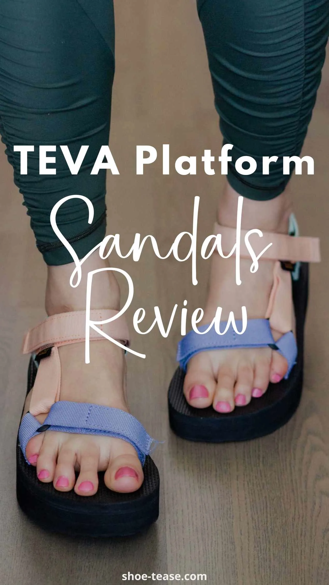 Close up front view of woman wearing teva platform sandals with green leggings.