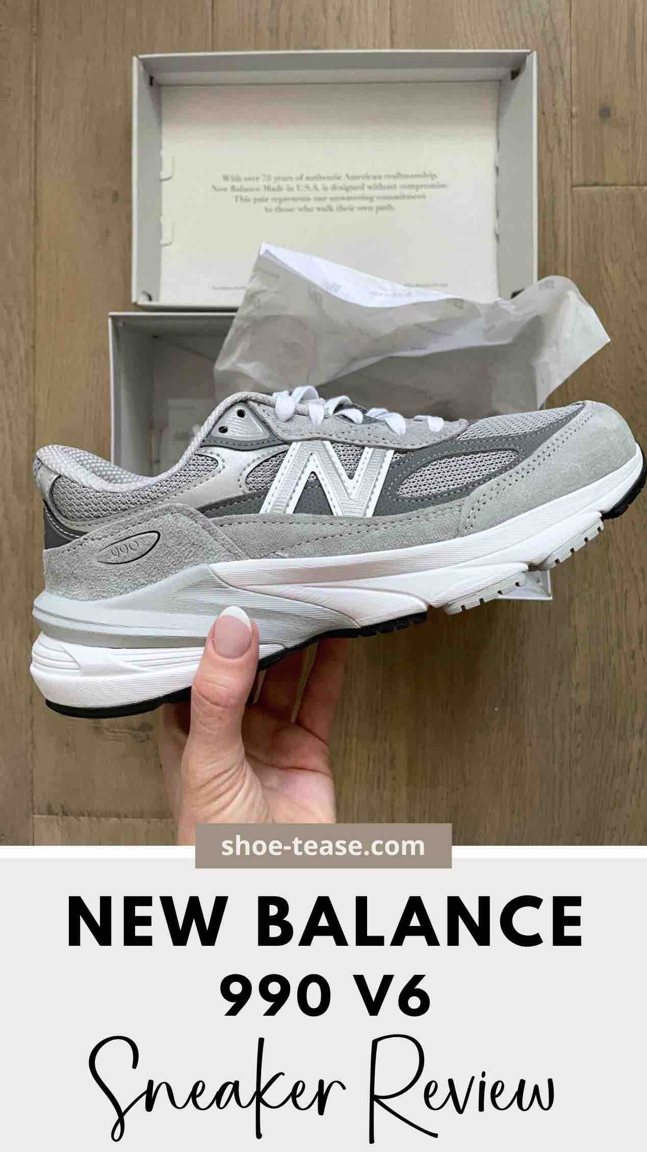 Close up of side view of grey and white New Balance 990 V6 with a hand unboxing the shoes over text reading new balance 990 V6 sneakers review.