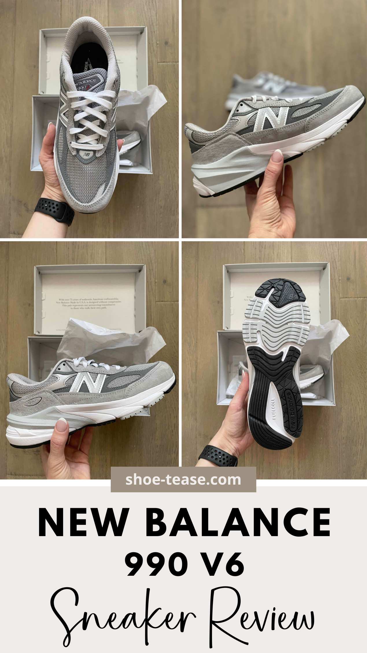 Collage of woman holding New Balance 990 V6 dad-style sneakers at 3 different angles out of box.