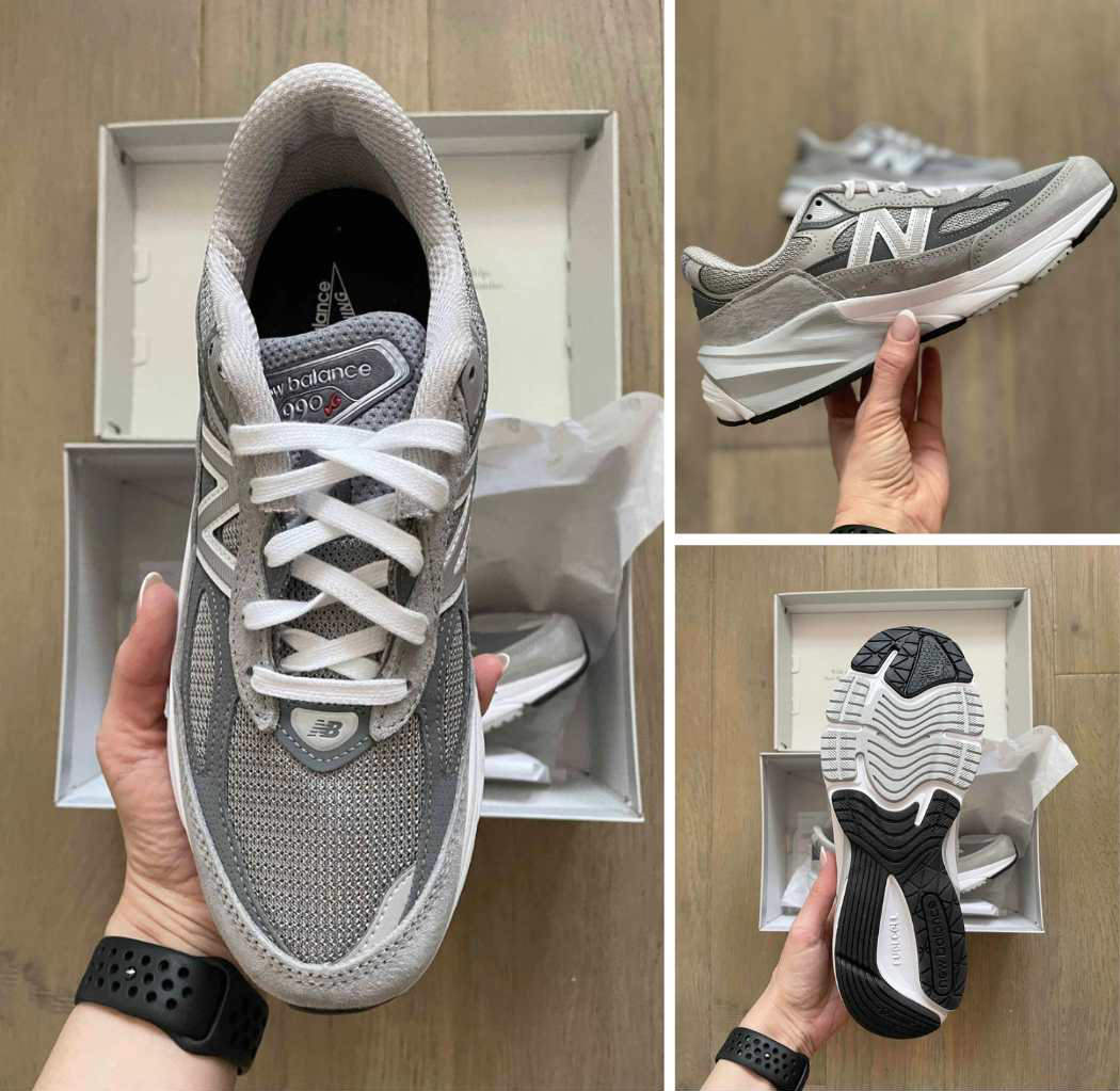 Collage of woman holding New Balance 990 V6 dad-style sneakers at 3 different angles out of box. 