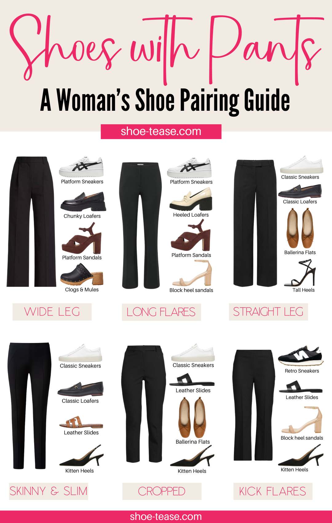 Collage of different styles of black dress pants with the best shoes to pair them with. 