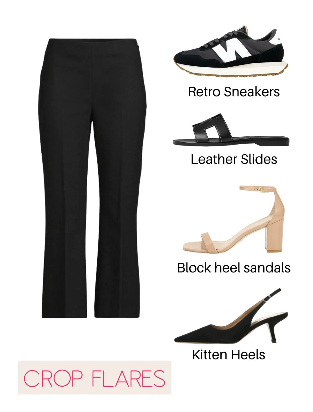 Collage of cropped black flare dress pants with 4 shoes to wear them with.