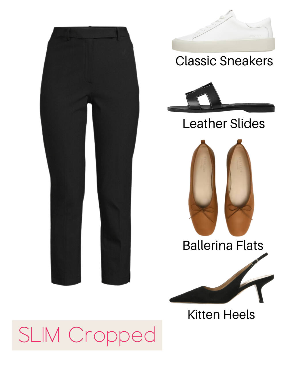 Collage of black slim cropped dress pants with 4 shoes to wear them with.