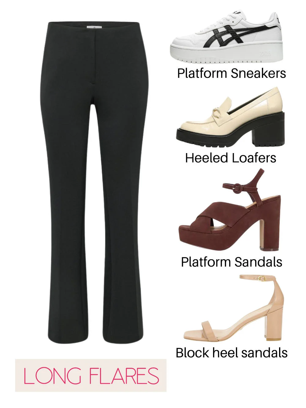 Collage of black long flare dress pants with 4 shoes to wear them with.