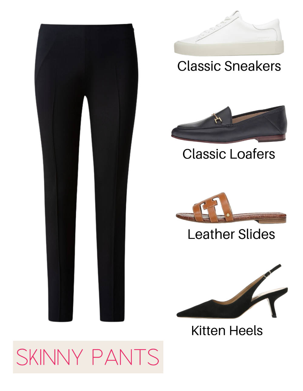 Collage of black slim leg dress pants with 4 shoes to wear them with.