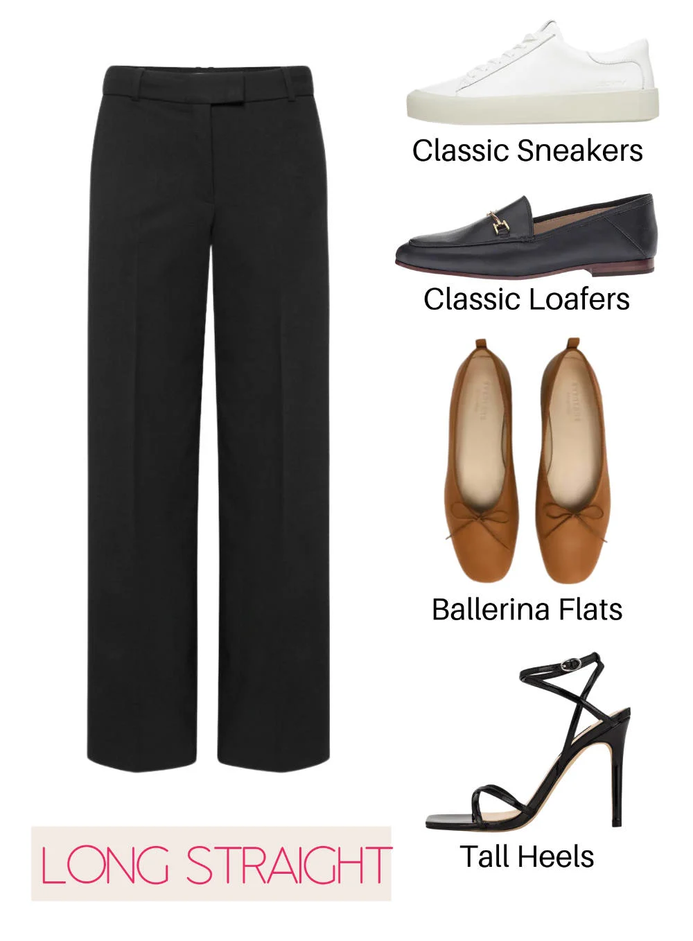 Collage of black long straight leg dress pants with 4 shoes to wear them with.