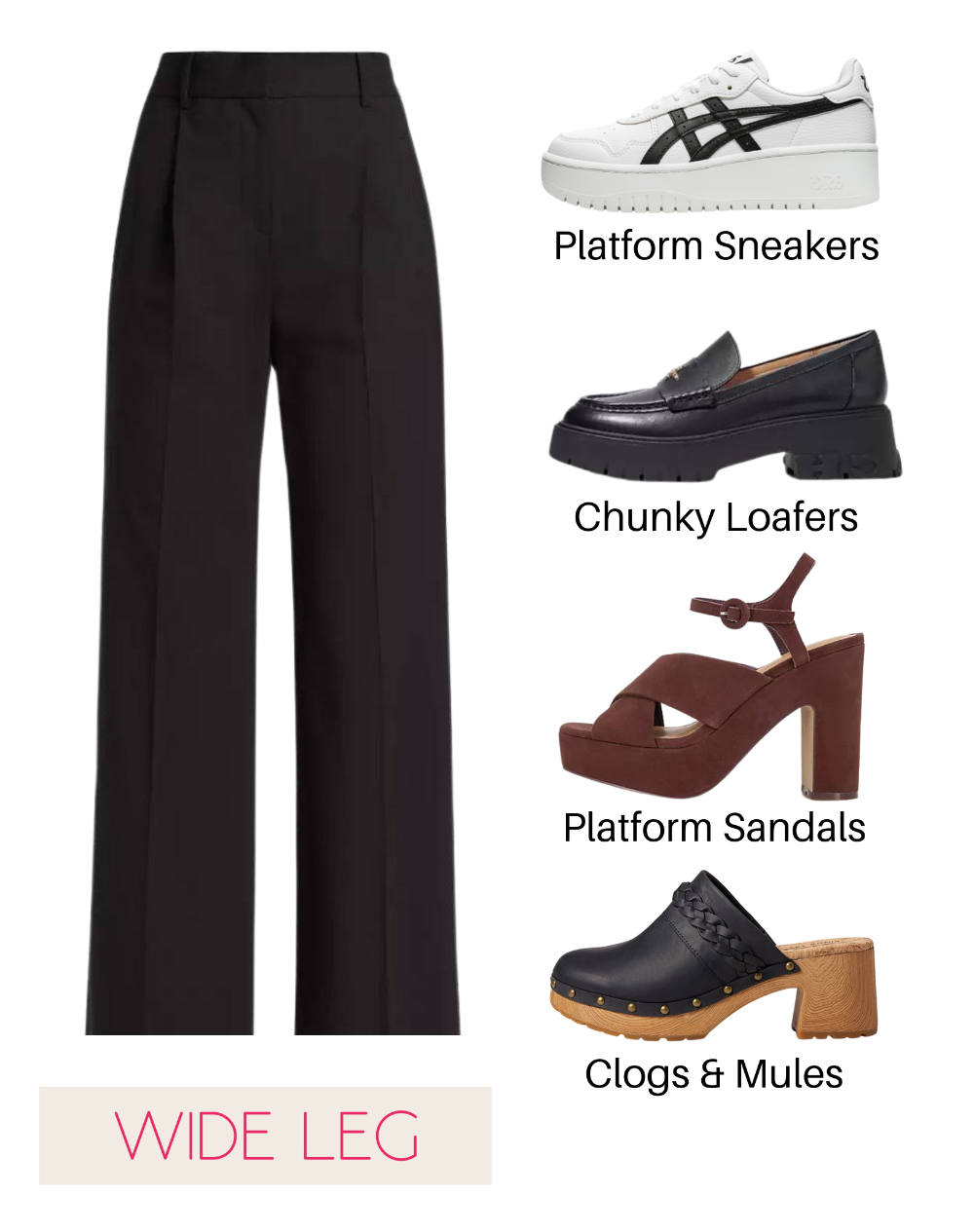 Collage of black wide leg dress pants with 4 shoes to wear them with.